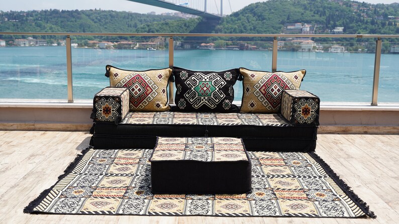 Gold&Black Arabic Majlis, 8 Thickness Arabic Floor Sofa Set, Arabic Floor Couch, Oriental Cushion, Moroccan Cushion, Ethnic Floor Cushion 8" + Rug + Ottoman