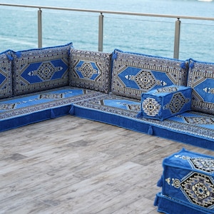 8 Inch Thick Palace Sky Blue Floor Couches, U Shaped Blue Floor Sofa, Majlis sofa, Sofa with armrest cushion, Traditional Kilim Couch Covers image 9