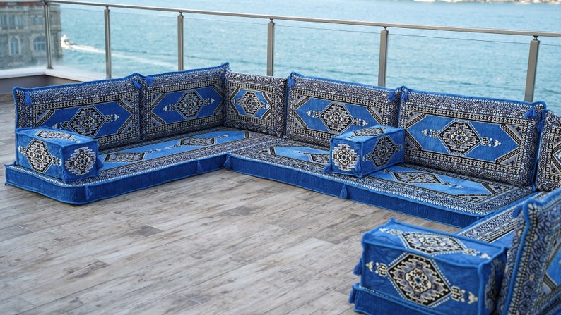 8 Inch Thick Palace Sky Blue Floor Couches, U Shaped Blue Floor Sofa, Majlis sofa, Sofa with armrest cushion, Traditional Kilim Couch Covers image 9