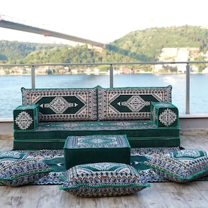 8 Inch Thick Arabic Floor Sofa Set, Arabic Majlis Seating, Turkish Floor Sofa, Pallet Sofa, Slipcover Sofa, Green Floor Seating Couch