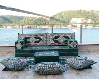 8 Inch Thick Arabic Floor Sofa Set, Arabic Majlis Seating, Turkish Floor Sofa, Pallet Sofa, Slipcover Sofa, Green Floor Seating Couch