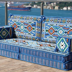 Blue Single Arabic Sofa, Indoor Benches, Turkish Rug, Seat Cushion, Boho Home Decor, Custom Bench Cushion, Patio Furniture