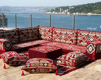 Anatolia Maroon L Shaped Arabic Floor Seating Sofa, Floor Pillow Cover, Traditional Floor Couch, Arabic Floor Seating Set, Ottoman Sofa