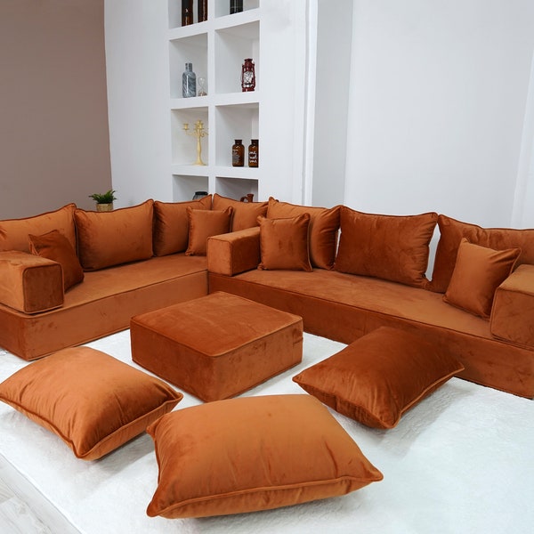8" Thickness VELVET Amber Color L Shaped Floor Sofas, Corner Sectional Sofa, Pallet Sofa, Arabic Seating Couch, Luxury Velvet Floor Seating