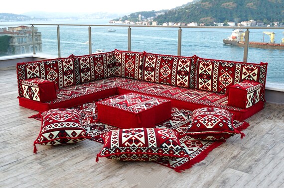 Red L Shaped Floor Sofa Set Bohemian Pillow Farmhouse Decor