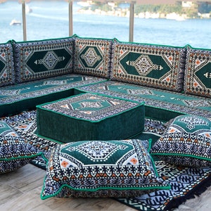 L Shaped Palace Green Arabic Seating, Sectional Sofa, Arabic Majlis, Moroccan Home Decor, Arabic Livingroom, Floor Couches, Bench Cushion