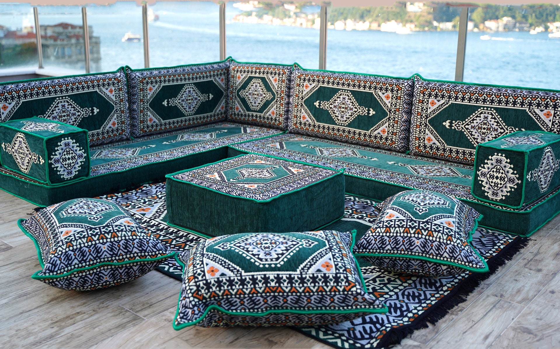 Emerald Green Arabic Seating, Sectional Sofa, L Shaped Arabic Majlis,  Moroccan Home Decor, Arabic Livingroom, Floor Couch, Bench Cushion 