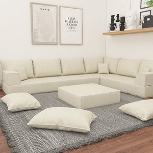 8" Thickness L Shaped Sofa, Linen Fabric French Cushion, Modular Sofa, Modern Livingroom Couches, Sectional Floor Sofas, Color K-001-1