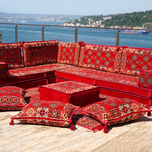 Red Arabic Floor Pillow, 8" Thickness Red L Shaped Floor Couch, Corner Floor Sofa, Sectional Sofa, Loveseat, Arabic Majlis, Sofa Set
