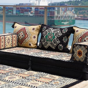 Gold&Black Arabic Majlis, 8 Thickness Arabic Floor Sofa Set, Arabic Floor Couch, Oriental Cushion, Moroccan Cushion, Ethnic Floor Cushion zdjęcie 8