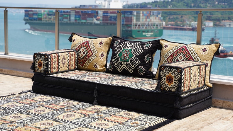 Gold&Black Arabic Majlis, 8 Thickness Arabic Floor Sofa Set, Arabic Floor Couch, Oriental Cushion, Moroccan Cushion, Ethnic Floor Cushion image 8