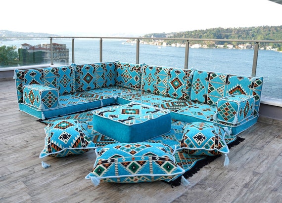 L Shaped Kilim Turquoise Floor Cushions Arabic Floor Sofa