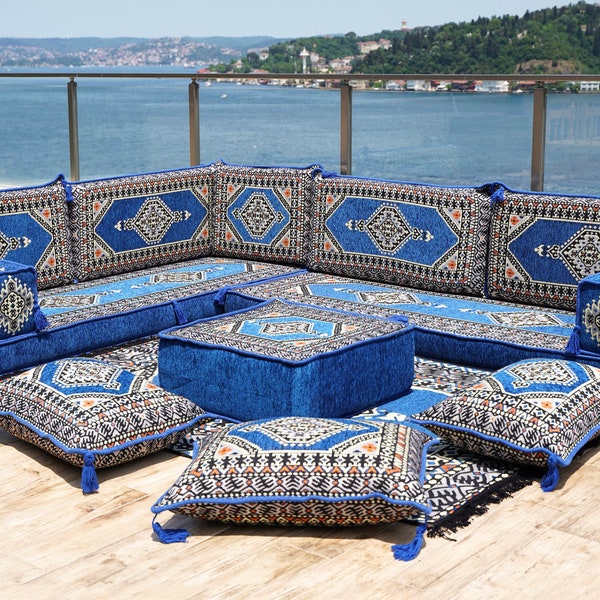 L Shaped Palace Blue Arabic Floor Sofa, Oriental Floor Seating, Sectional Floor Cushion, Indoor Floor Pillows, Arabic Floor Couches