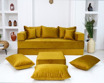 Floor Seating Gold Color Sofa, Meditation Cushion, Minimalist Modern Sofa, Pillow Covers, Turkish Floor Sofa, Reading Pillow, Entry Bench