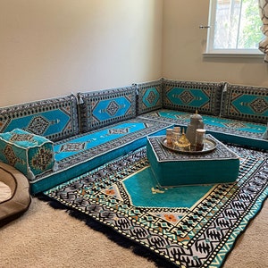 Palace Turquoise L Shaped Arabic Sofa Seating, Arabic Majlis, Sectional Sofas, Moroccan Rug, Livingroom Home Decor, Turkish Floor Sofas