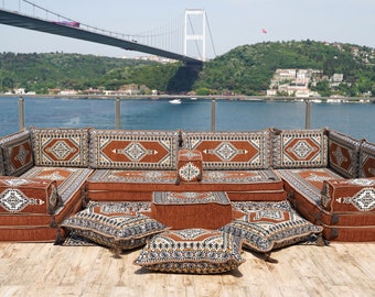 8 Inch Thick U Shaped Brown Arabic Sofa Set, Oriental Sofa, Turkish Floor Seating, Arabic Majlis, Turkish Seating Pillows