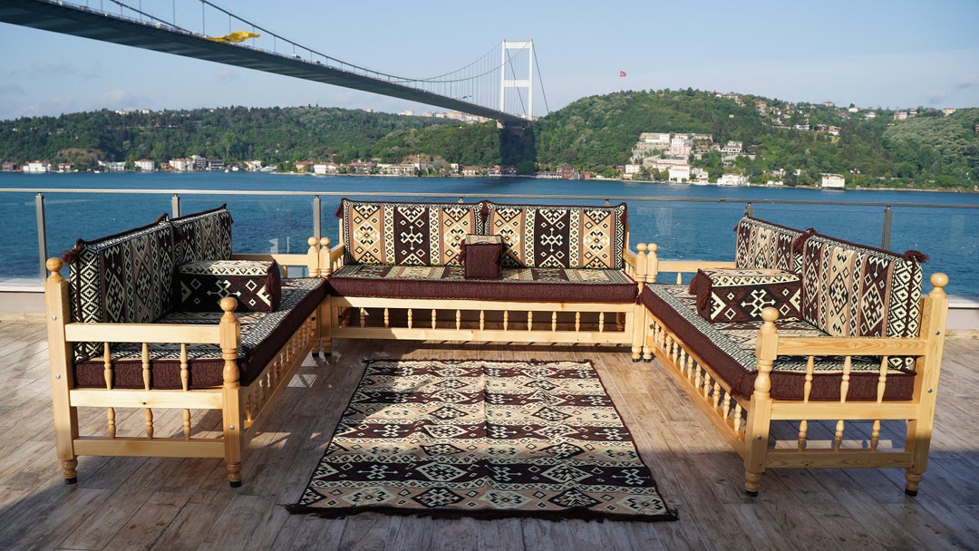 Gold Outdoor Furniture, Brown Patio Benches, Moroccan Bench Cushion, Handmade Wooden Bench