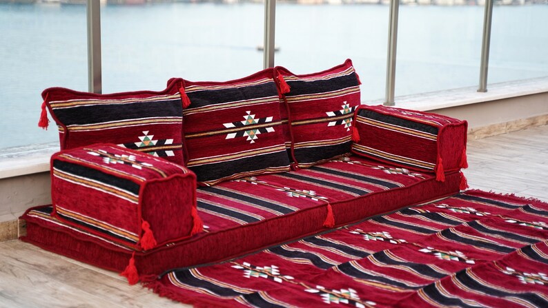 Oriental Maroon Arabic Floor Sofa Seating, Turkish Floor Cushion, Ethnic Sofa, Sectional Couch, Floor Cushions, Modular Sofa, Moroccan Rug zdjęcie 7