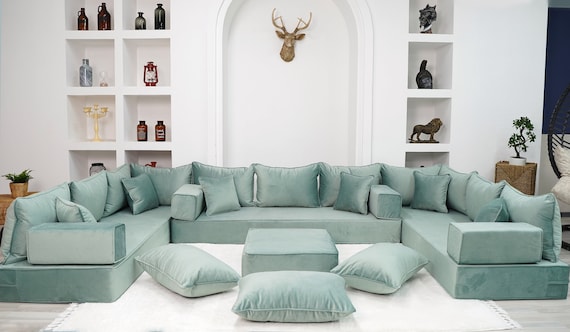 Divani da salotto a forma di U in velluto di spessore 8, divano da  pavimento in velluto di lusso verde acqua, set di divani da soggiorno  marocchino, divano da salotto arabo 