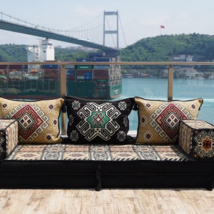 Gold&Black Arabic Majlis, 8 Thickness Arabic Floor Sofa Set, Arabic Floor Couch, Oriental Cushion, Moroccan Cushion, Ethnic Floor Cushion 8" Sofa Only