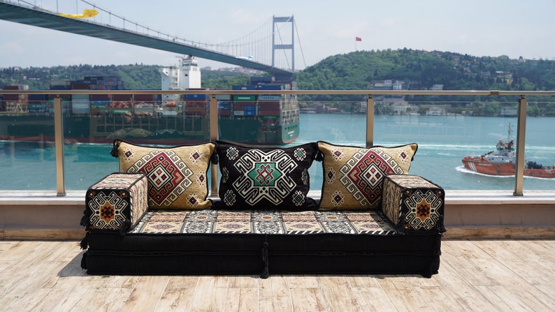 Gold&Black Arabic Majlis, 8 Thickness Arabic Floor Sofa Set, Arabic Floor Couch, Oriental Cushion, Moroccan Cushion, Ethnic Floor Cushion 8" Sofa Only