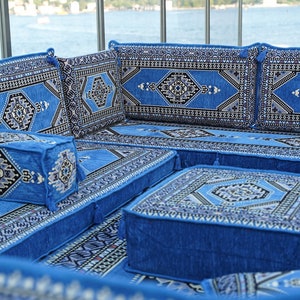 8 Inch Thick Blue Oriental Sofa, Arabic Floor Seating, Turkish Pillows, Floor Sofa Set, Patio Furniture, Arabic Diwan Majlis zdjęcie 3