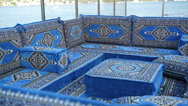 8 Inch Thick Palace Sky Blue Floor Couches, U Shaped Blue Floor Sofa, Majlis sofa, Sofa with armrest cushion, Traditional Kilim Couch Covers image 3