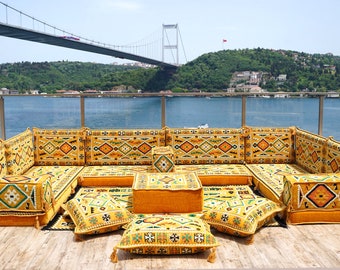 U Shaped Anatolian Yellow Sofa, Indoor Floor Sofas, Arabic Majlis, Bohemian Sofa, Arabic Jalsa, Turkish Seating Cushions Set, Majlis Sofa