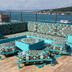 L Shaped Pinar Turquoise Floor Sofa, Arabic Majlis, Floor Pillows, Arabic Floor Seating, Ottoman Floor Couch, Turkish Traditional Seating