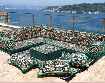 L Shaped Anatolia Green Traditional Floor Seating, Sectional Sofa, Arabic Majlis, Moroccan Rug, Ethnic Sofa, Floor Couch, Bench Cushion