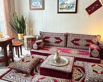 Palace Maroon Boden Sofa Sitzset, Traditionelles Arabisches Sofa, Orientalische Bodenbestuhlung, Bodenkissen, Wohnzimmer Sofa, Arabisch Majlis Sofa