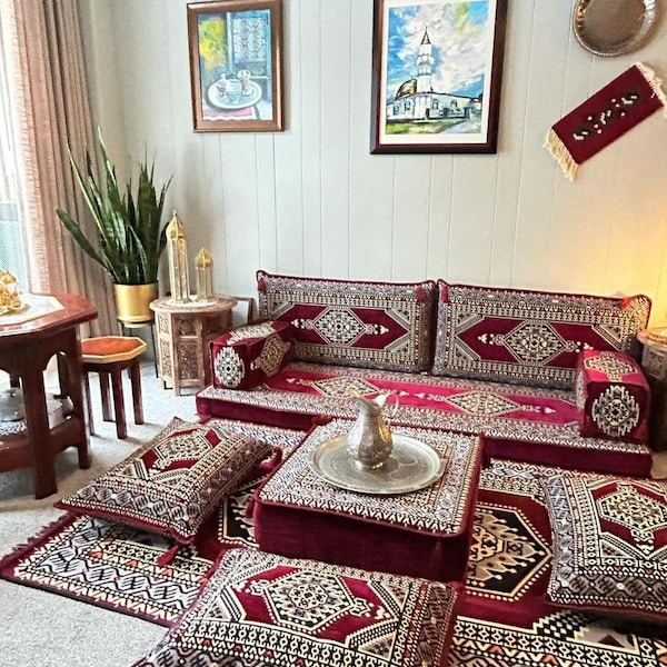 Palace Maroon Floor Sofa Seating Set, Traditional Arabic Sofa, Oriental Floor Seating, Floor Cushions, Living Room Sofa, Arabic Majlis Sofa