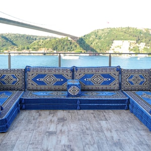 8 Inch Thick Palace Sky Blue Floor Couches, U Shaped Blue Floor Sofa, Majlis sofa, Sofa with armrest cushion, Traditional Kilim Couch Covers U Sofas Only