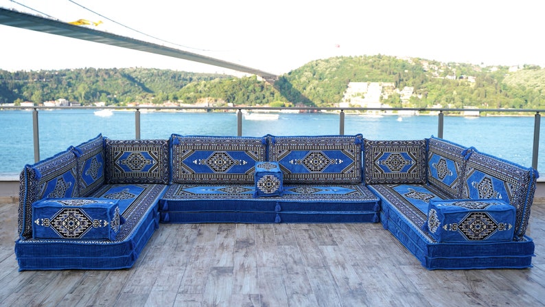 8 Inch Thick Blue Oriental Sofa, Arabic Floor Seating, Turkish Pillows, Floor Sofa Set, Patio Furniture, Arabic Diwan Majlis U Sofas Only