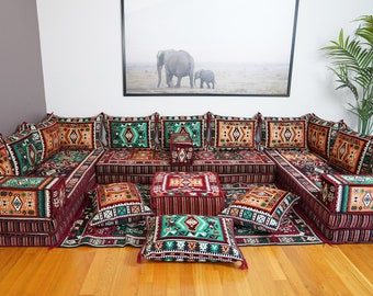 8'' Thickness Maroon  U Shaped Arabic Sofa Living Room Set, Moroccan Home Decor Floor Seating Sofa, Turkish Floor Sofa Set, Arabic Majlis