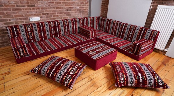 Maroon L Shaped Arabic Seating Handmade Floor Couches Sectional