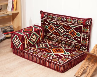 Einzigartiges kastanienbraunes, nahöstliches Haustier-Bodensofa, Schnittsofa, Bodenkissen-Tagesbett, rotes arabisches Sofa, Kelimkissen, Bodencouch, Leseecke