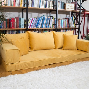 Meditation Yoga Sofas, Velvet Yellow Color, Floor Cushions, Sectional Sofas, Modern Livingroom Sofas, Arabic Floor Sofa Set, Floor Couches