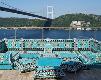 Sofá de piso Urgup turquesa, sofá de piso tradicional, Majlis árabe en forma de U, sofás de piso de Anatolia, juego de asientos Majlis árabe