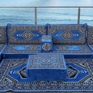 8 Inch Thick Palace Sky Blue Floor Couches, U Shaped Blue Floor Sofa, Majlis sofa, Sofa with armrest cushion, Traditional Kilim Couch Covers image 5