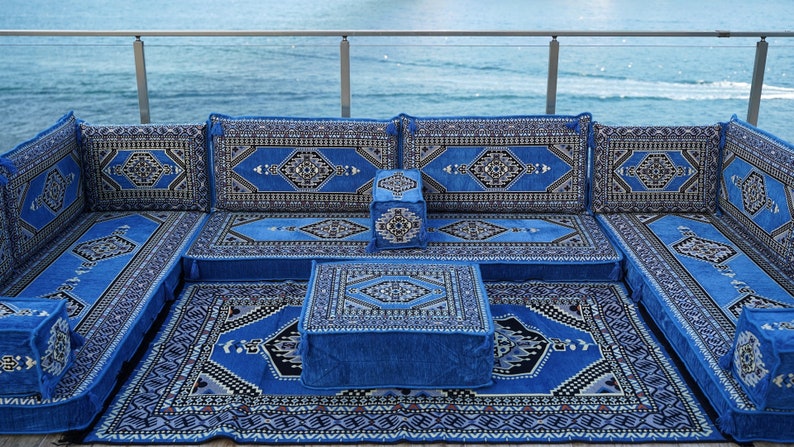 8 Inch Thick Palace Sky Blue Floor Couches, U Shaped Blue Floor Sofa, Majlis sofa, Sofa with armrest cushion, Traditional Kilim Couch Covers image 5