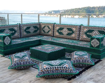 Green Moroccan Home Decor Cushion, 8" Thick Corner Floor Seating Set, L Shaped Floor Couch, Sectional Sofa Set, Floor Pillows, Arabic Majlis