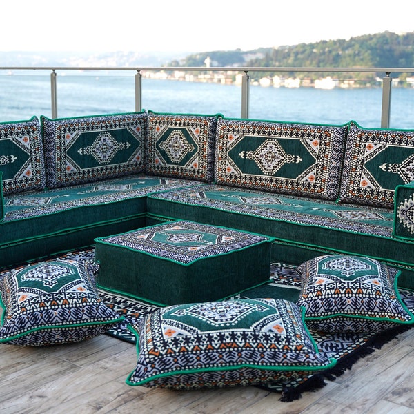 Green Moroccan Home Decor Cushion, 8" Thick Corner Floor Seating Set, L Shaped Floor Couch, Sectional Sofa Set, Floor Pillows, Arabic Majlis