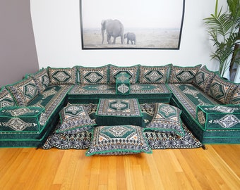 Emerald Green Floor Sofa Couch, U Shaped Floor Sofa Seating, Arabic Majlis Sofa, Bohemian Floor Cushions, Living room Floor Seating Pillows