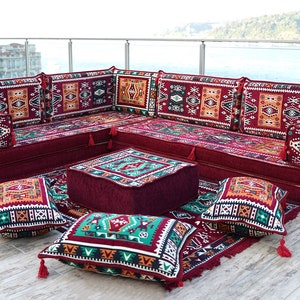 8 Thick Maroon L Shaped Floor Couch, Floor Pillows, Moroccan Livingroom Cushions, Corner Floor Cushions, Sectional Sofa Set, Arabic Majlis zdjęcie 1