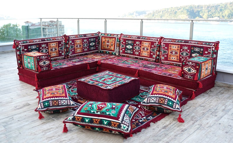 8 Thick Maroon L Shaped Floor Couch, Floor Pillows, Moroccan Livingroom Cushions, Corner Floor Cushions, Sectional Sofa Set, Arabic Majlis zdjęcie 1