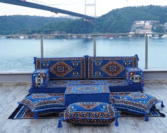 Kirsehir Blue Arabic Seating Sofas, Oriental Couches, Arabic Majlis, Bench Cushions, Bohemian Floor Cushion, Moroccan Rug, Terrace Sofa