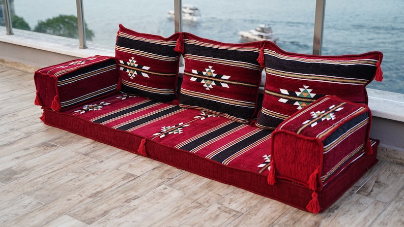 Oriental Maroon Arabic Floor Sofa Seating, Turkish Floor Cushion, Ethnic Sofa, Sectional Couch, Floor Cushions, Modular Sofa, Moroccan Rug zdjęcie 9