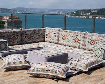 L Shaped Anatolia Gray Floor Sofa Set, Pillow Covers, Arabic Floor Couch, Turkish Floor Seating Set, Floor Cushions Set, Ottoman Floor Couch
