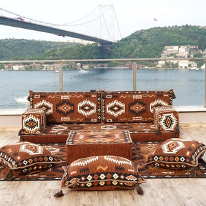 Jumbo Brown Sofa with Ottoman Couch and Rug, Turkish Ethnic Sofa, Boho Sofa, Floor Cushion Sofa, Turkish Floor Seating Couch, Moroccan Rug